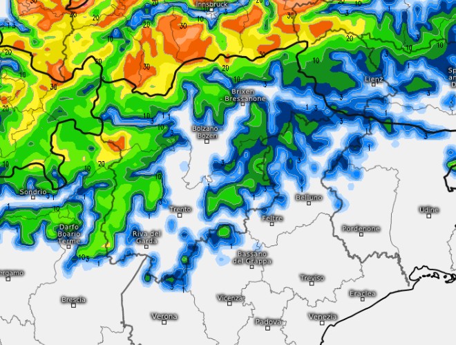 La mappa delle nevicate attese fino a domenica 17 maggio secondo il modello Suisse 4x4 su base grafica Meteologix.
