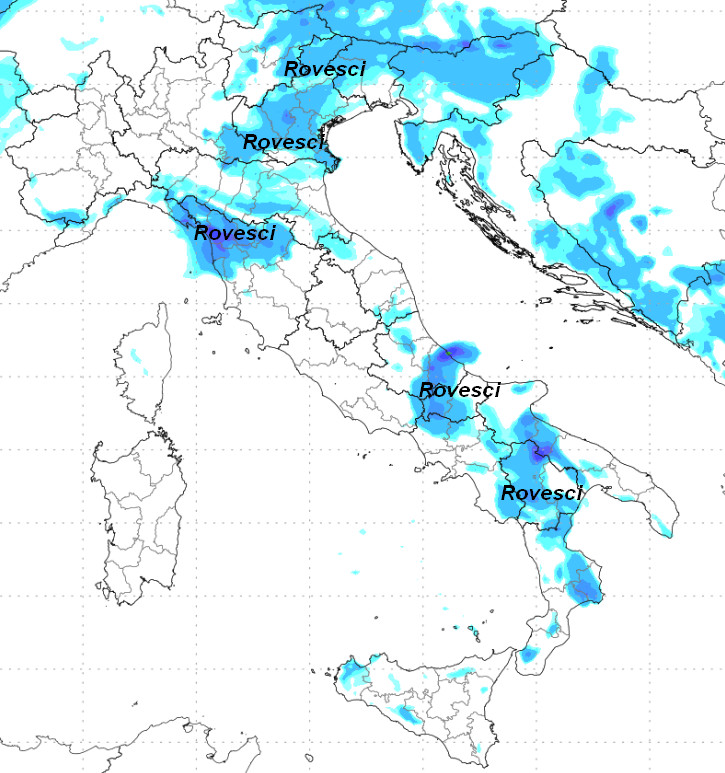 sommatoria delle piogge attese sul nostro Paese tra le 00 e le 12 di martedì 19 maggio secondo il modello Moloch elaborato su base grafica Lamma: