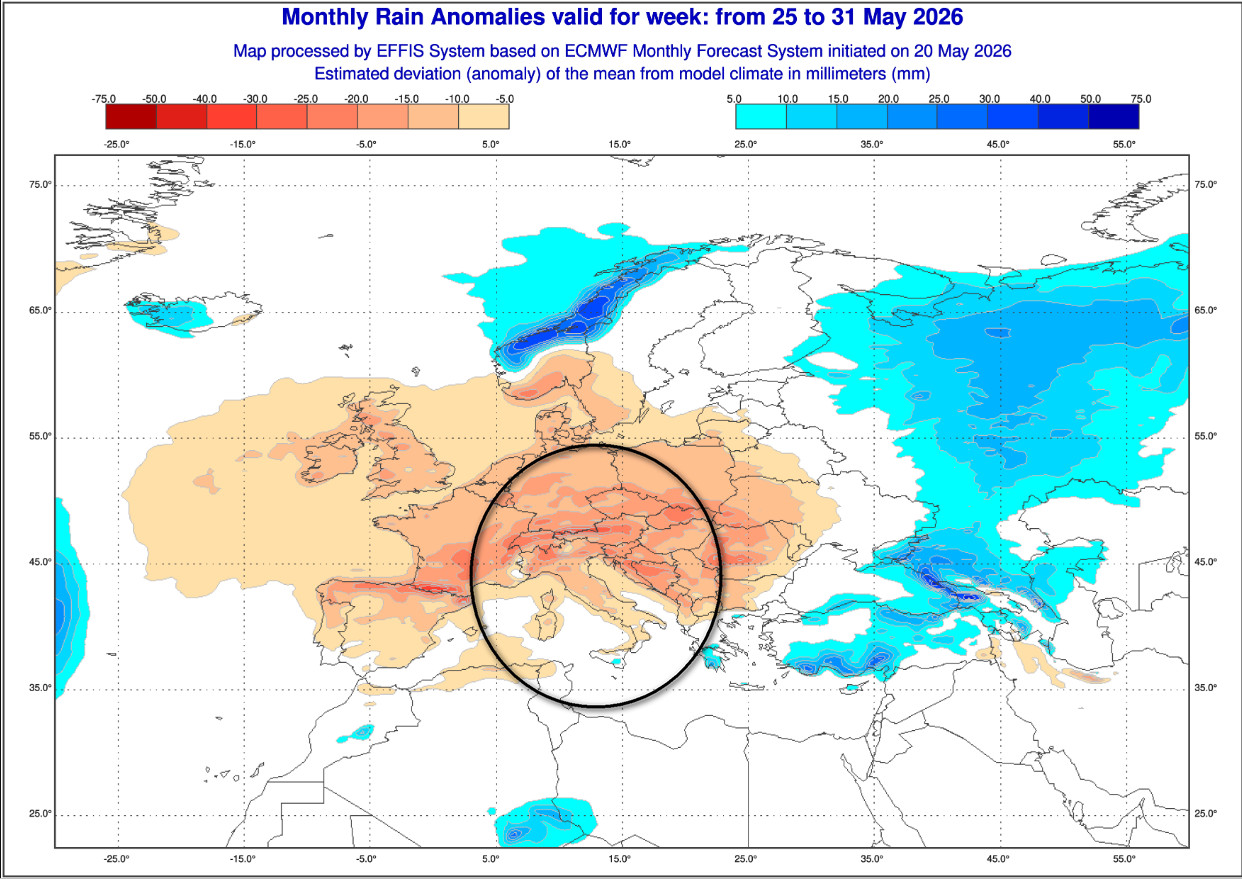 ANOMALIE PRECIPITATIVE attese in Europa valide per il medesimo lasso temporale, ovvero dal 24 al 31 maggio