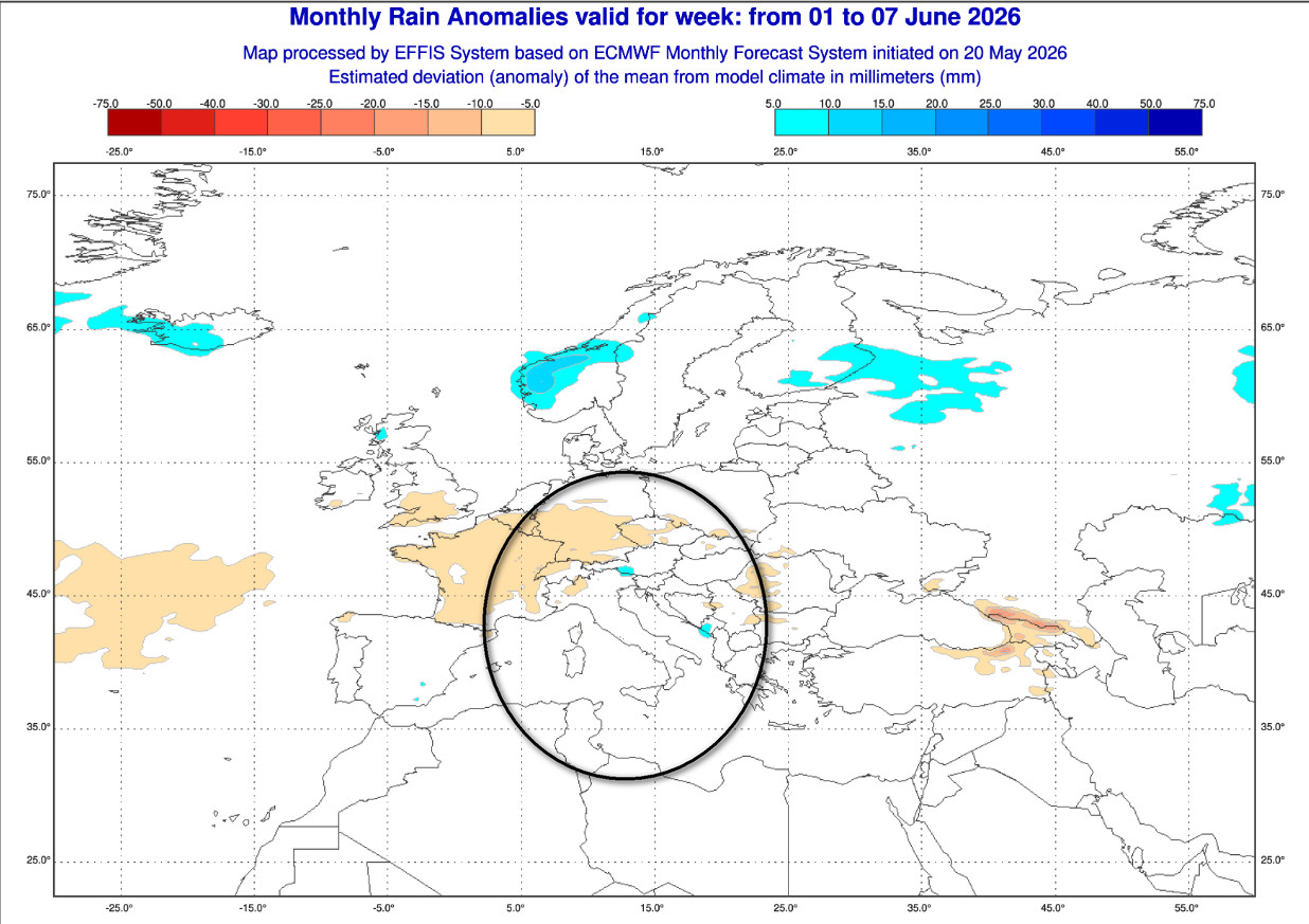 ANOMALIE PLUVIOMETRICHE attese in Europa tra l'1 ed il 7 giugno: 