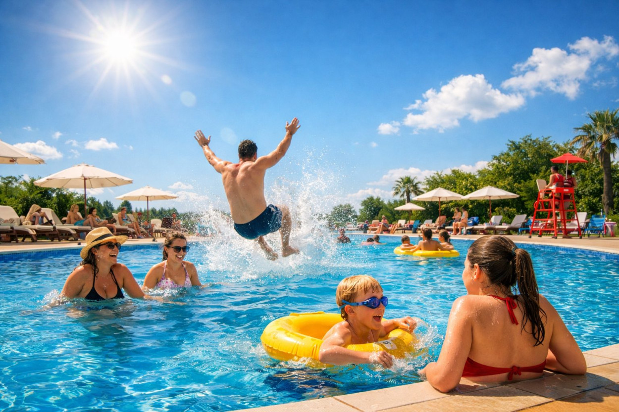 Caldo intenso: tra benefici e rischi per la salute Gente in piscina che si gode l'estate.