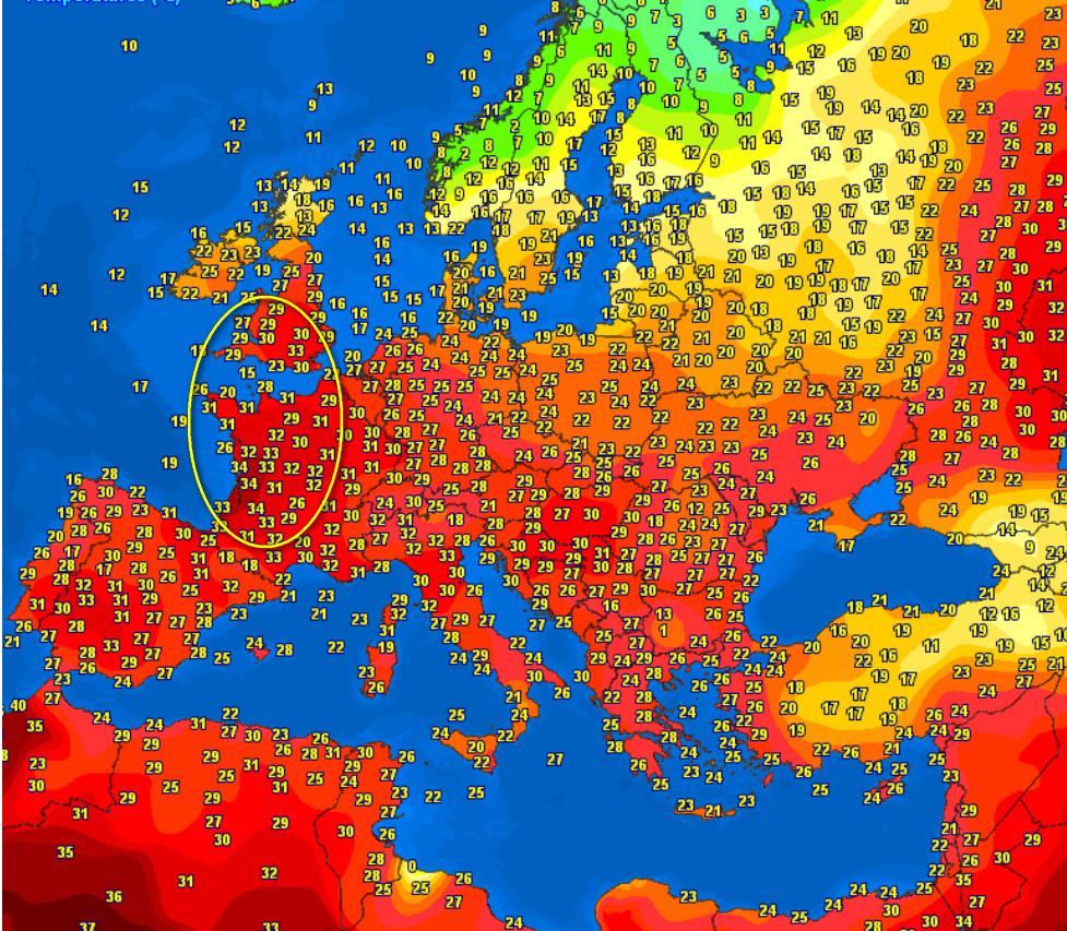 temperature delle ore 15 italiane registrate in Europa