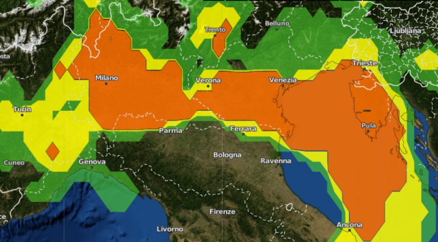 Mappa del rischio di temporali grandinigeni attesi nel pomeriggio odierno secondo il modello ICON su base grafica Wettedienst.