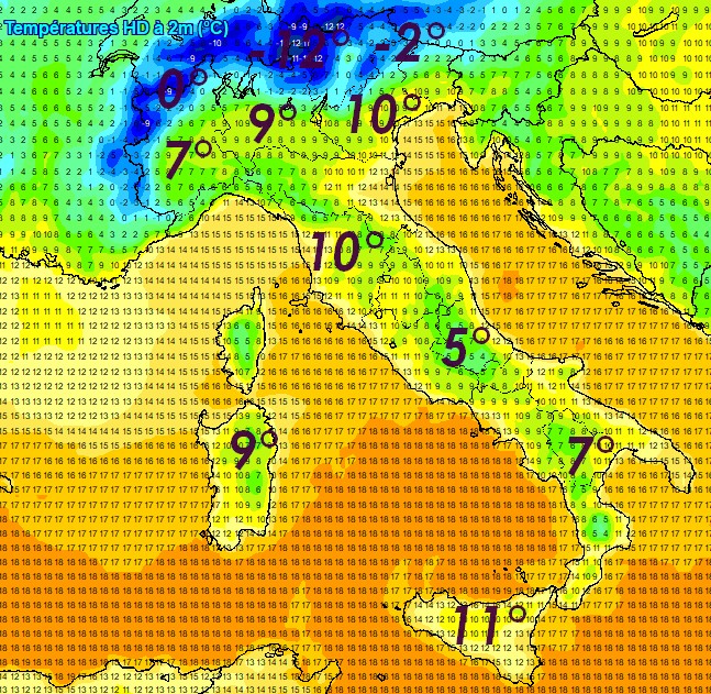 Che freddo risveglio venerdì 15 maggio in Italia: ecco i valori su base GFS, rielaborazione Meteociel.