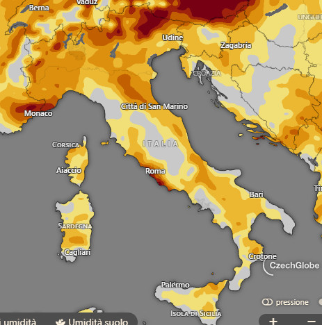 grado di aridità del terreno ad 1 metro di profondità in Italia rilevato nella giornata di martedi 26 maggio: