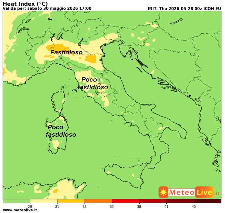 indice di DISAGIO da CALDO (o INDICE di CALORE) atteso in Italia alle ore 17 di sabato 30 maggio