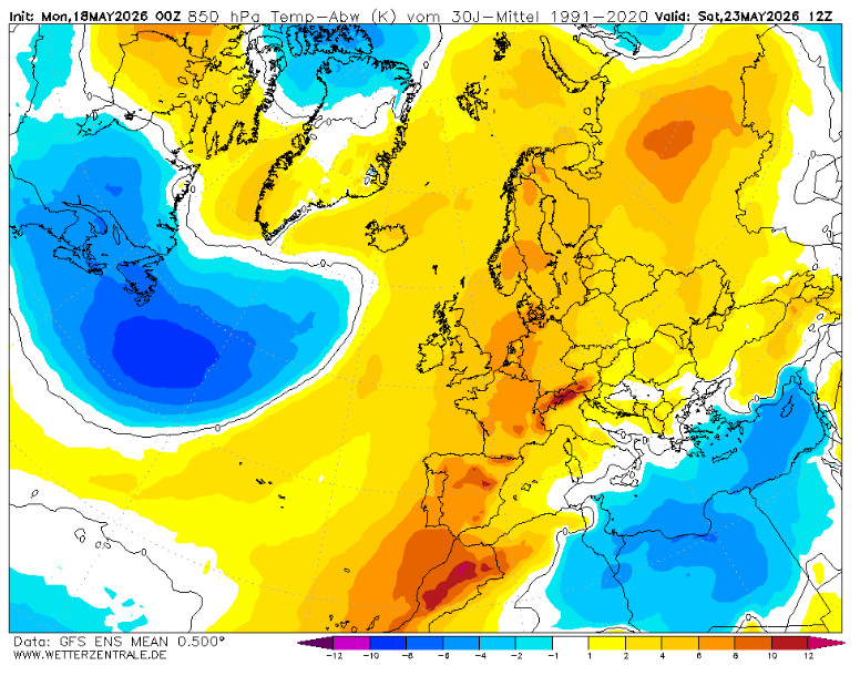 anomalie termiche a 1500 metri attese in Europa nelle ore centrali di sabato 23 maggio