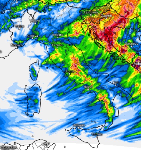 Le precipitazioni attese per sabato 14 maggio sull'Italia secondo il modello ICON su base grafica Meteologix. 