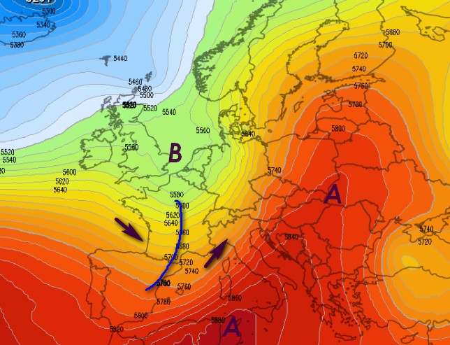 Ecco la saccatura così come si prevede nella serata di martedì 2 giugno dalle mappe GFS su base grafica Meteologix.