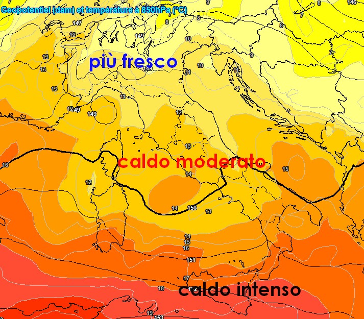 Le temperature previste a 1500m per mercoledì 3 giugno secondo GFS su base grafica meteociel.