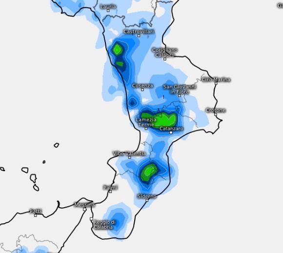 Mappa dei temporali prevista sulla Calabria per domenica 24 maggio secondo il modello ICON su base grafica Meteologix.