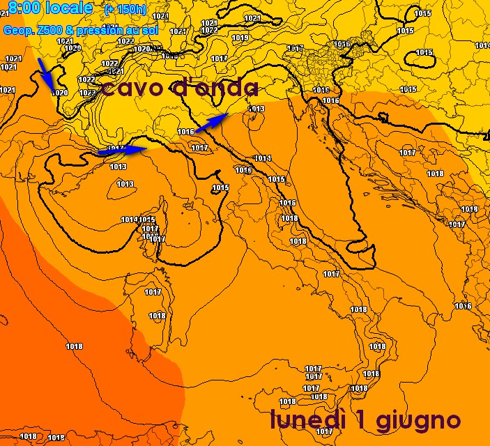 Mappa del modello ECMWF per l'alba di lunedì 1 giugno su base grafica meteociel.