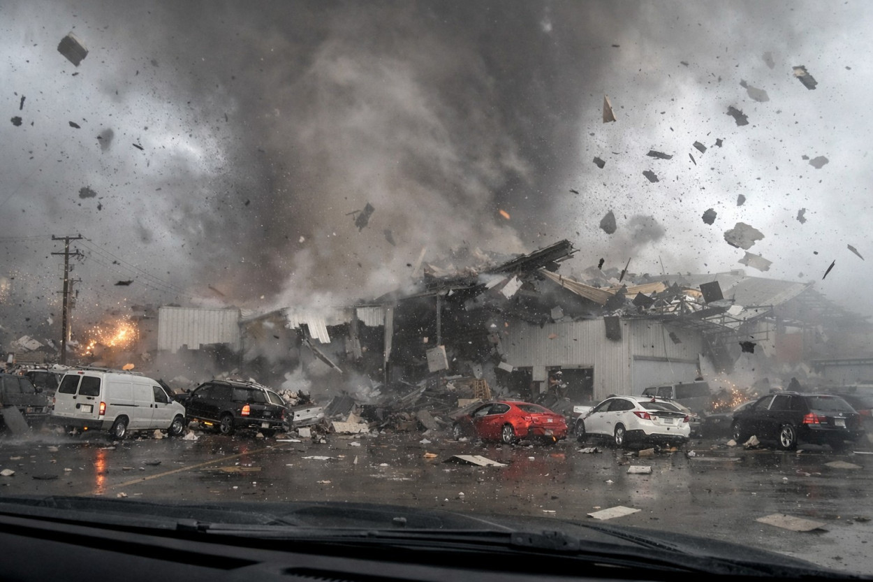 Un TORNADO arriva nel parcheggio, salvi per un soffio (video)