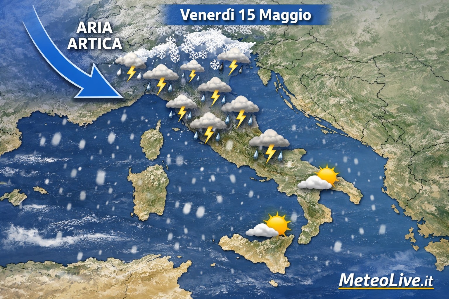 Previsioni per venerdì 15 maggio: temporali e neve