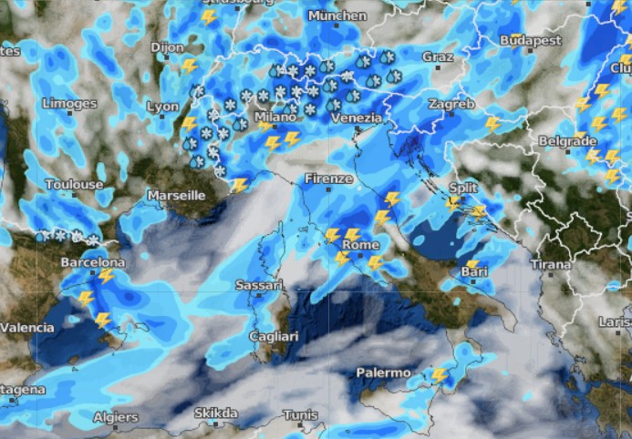 Mappa per venerdì 15 ore pomeridiane sempre tratta dal modello ICON e su base grafica Wetterdienst.