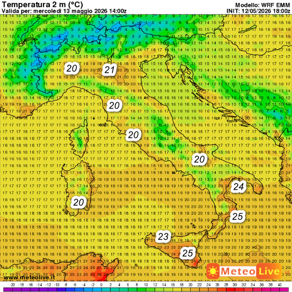 Temperature previste in Italia alle ore 16