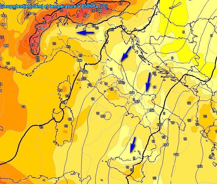 Carta termica a 1500m per sabato 23 maggio tratta dal modello GFS su base grafica Meteociel.