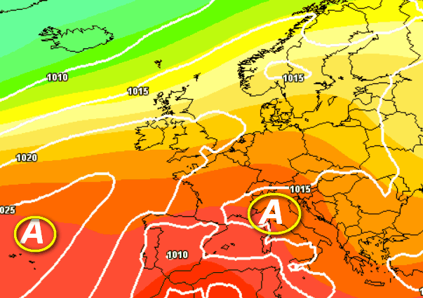 media degli scenari del modello GFS elaborato su base grafica Meteociel e valida per sabato 13 giugno