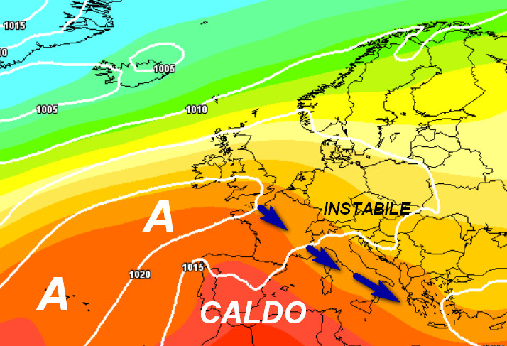 quadro sinottico atteso in Europa per lunedi 15 giugno secondo il modello GFS elaborato sui base grafica Meteociel