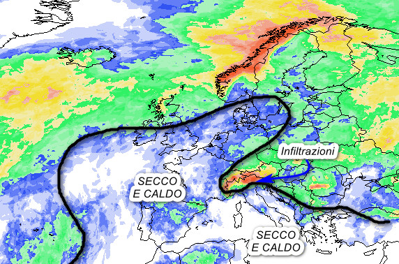 mappa della probabilit&agrave; di pioggia a scala europea valida per marted&igrave; 23 giugno secondo la media degli scenari del modello GFS elaborato su base grafica Meteociel 
