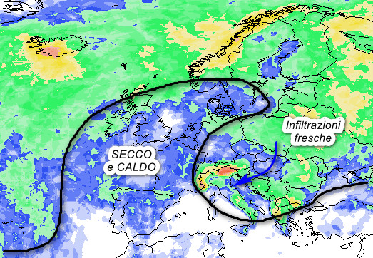 mappa della probabilit&agrave; di pioggia in Europa valida per sabato 27 giugno, sempre secondo la media degli scenari del modello GFS elaborato su base grafica Meteociel