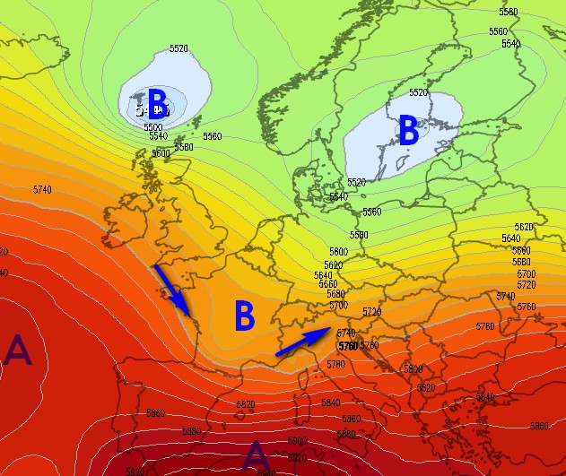 Il modello GFS propone questo guasto marcato per il 6 luglio, qui su base grafica MeteoLogix, attendibilit&agrave; ancora bassa. 