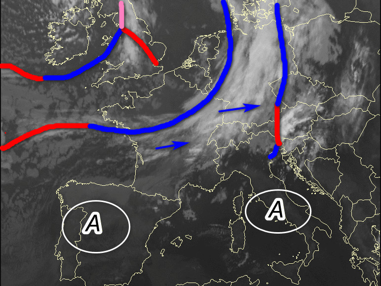 situazione meteorologica a scala europea attraverso l'immagine satellitare delle 7.30 di martedì 9 giugno