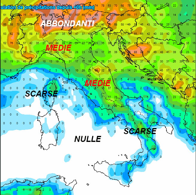 sommatoria delle piogge attese in Italia nei prossimi 10 giorni secondo il modello GFS elaborato su base grafica Meteociel