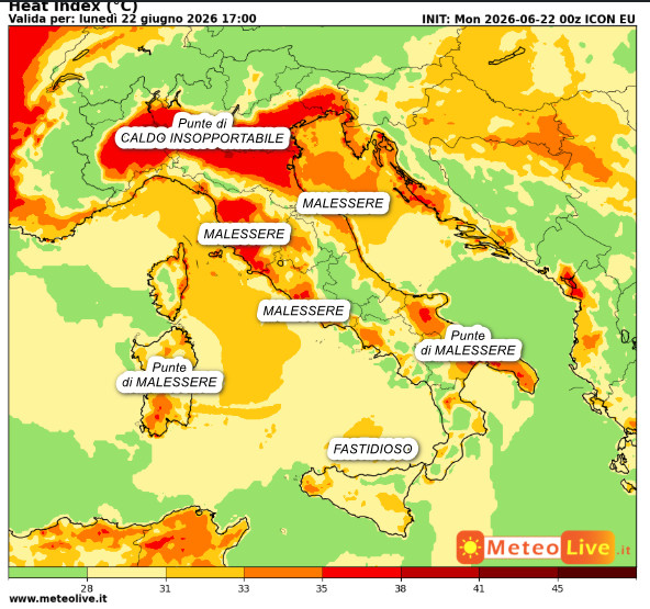INDICE di DISAGIO da CALDO atteso in Italia alle ore 17 di lunedi 22 giugno