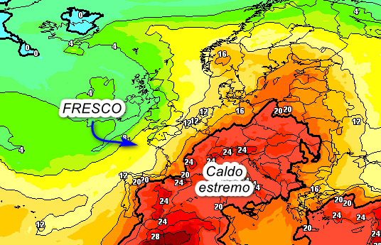 temperature a 1500 metri attese in Italia nel pomeriggio di domenica 28 giugno
