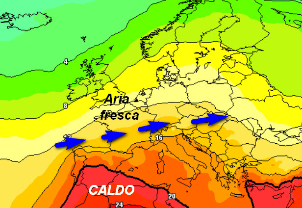 temperature a 1500 metri attese in Europa nelle ore centrali di mercoledi 1 luglio secondo la media degli scenari del modello GFS elaborato su base grafica Meteociel