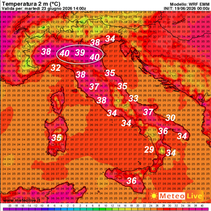 temperature previste in Italia alle ore 16 di martedi 23 giugno