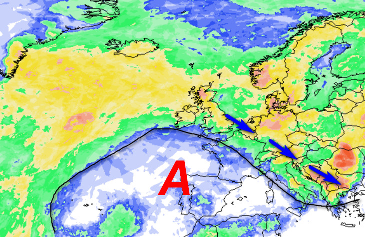 probabilità di pioggia in Europa valida per sabato 13 giugno secondo la media degli scenari del modello GFS elaborata su base grafica Meteociel