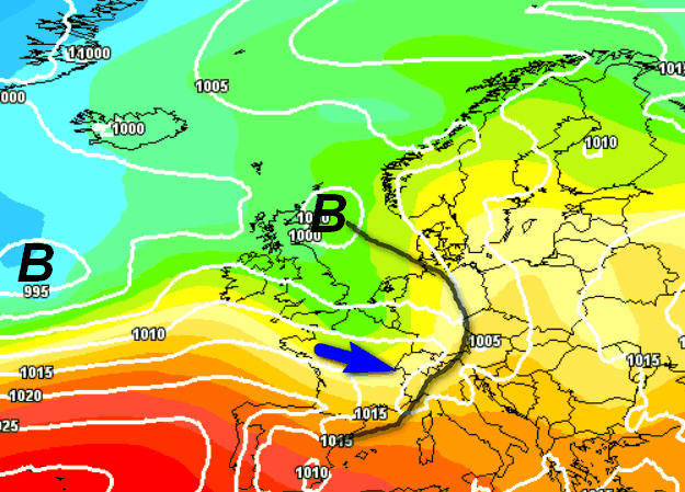 quadro sinottico in Europa alle ore 14 di martedi 2 giugno secondo il modello GFS elaborato su base grafica Meteociel