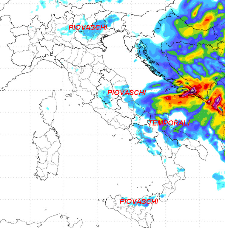 sommatoria delle precipitazioni attese in Italia tra le 14 e le 2 su gioved&igrave; 4 giugno secondo il modello Moloch elaborato su base grafica Lamma