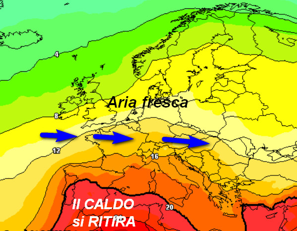 temperature a 1500 metri attese in Italia nella giornata di giovedi 2 luglio secondo la media degli scenari del modello GFS elaborato su base grafica Meteociel
