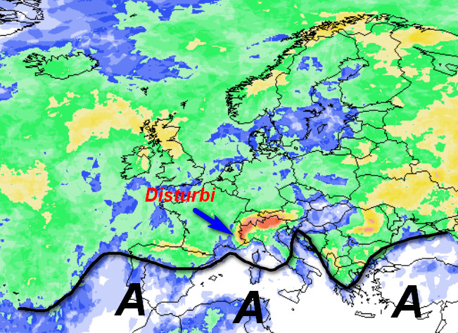 probabilità di pioggia a scala europea imbastita questo pomeriggio dal modello GFS elaborato su base grafica meteociel per lunedì 22 giugno