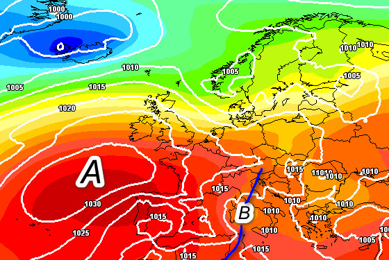 quadro sinottico atteso in Italia alle ore 14 di giovedi 2 luglio secondo il modello GFS elaborato su base grafica Meteociel
