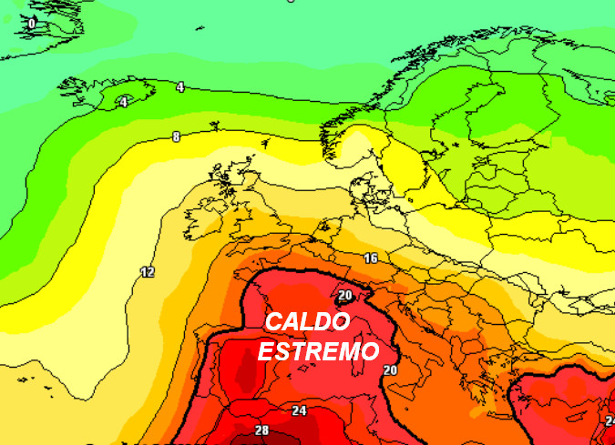 temperature a 1500 metri attese in Europa nella giornata di venerdì 26 giugno secondo la media degli scenari del modello GFS elaborata su base grafica Meteociel