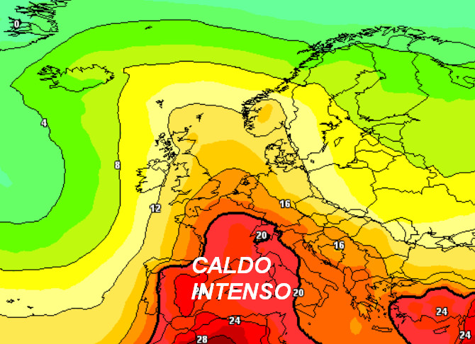 temperature a 1500 metri attese in Italia nella giornata di sabato 27 giugno secondo il modello GFS elaborato su base grafica Meteociel