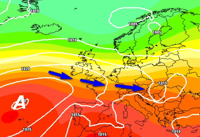 quadro sinottico atteso in Europa nella giornata di venerdi 3 luglio secondo la media degli scenari del modello GFS imbastito su base grafica Meteociel