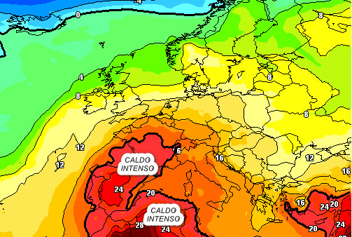 La bolla africana" ben evidenziata dalle temperature a 1500 metri attese in Italia nel pomeriggio di giovedi 18 giugno