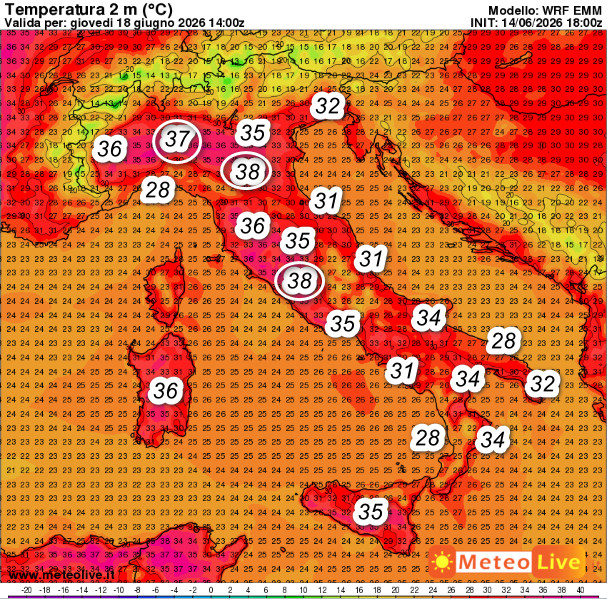 temperature attese in Italia alle ore 16 di giovedi 18 giugno