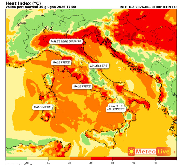 INDICE di DISAGIO da CALDO atteso in Italia alle ore 17 di marted&igrave; 30 giugno