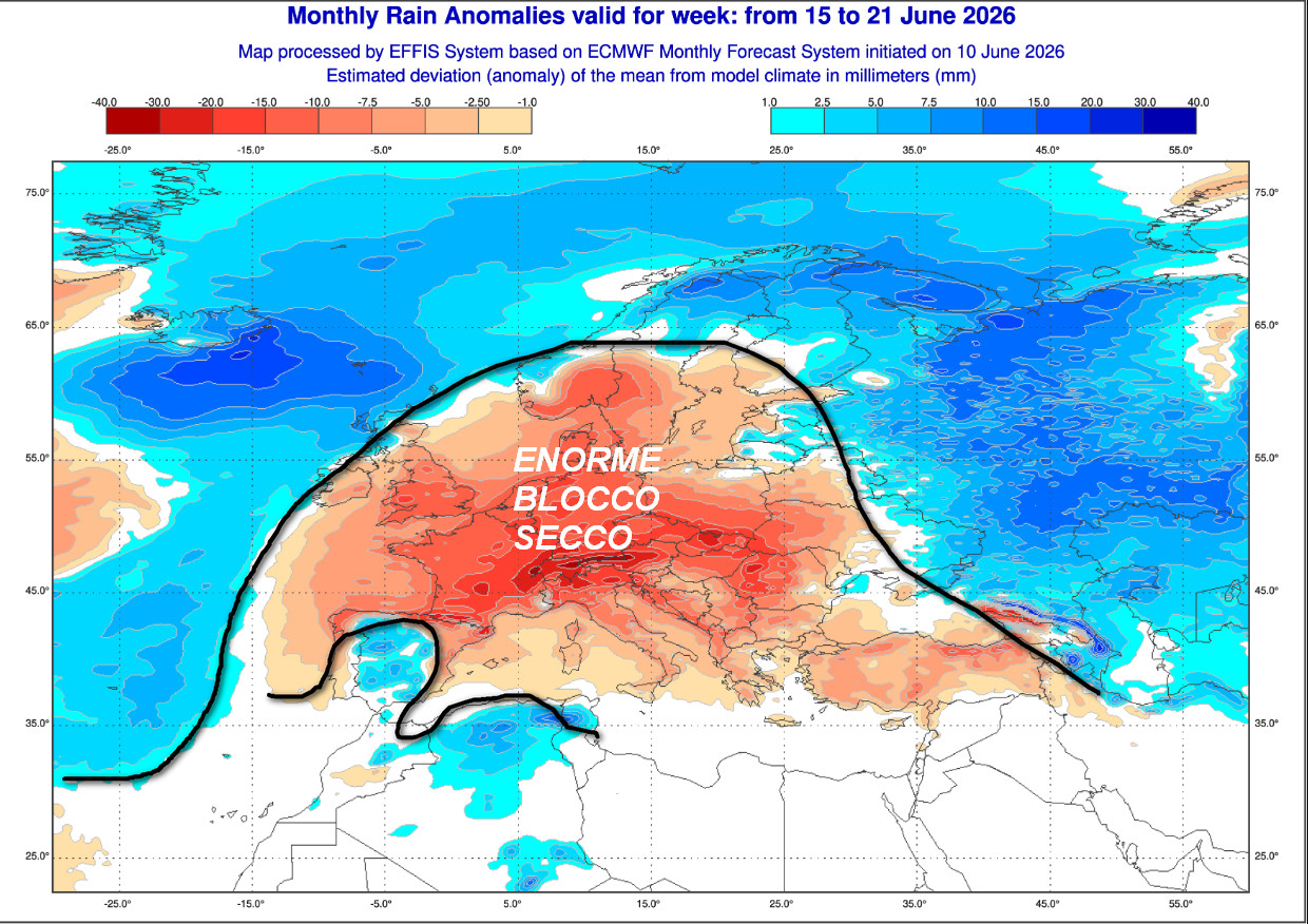 ANOMALIE PRECIPITATIVE attese in Europa nel lasso temporale compreso tra il 15 ed il 21 giugno, ovvero nell'arco della prossima settimana. La mappa &egrave; ricavata dal modello ECMWF elaborata su base grafica COPERNICUS