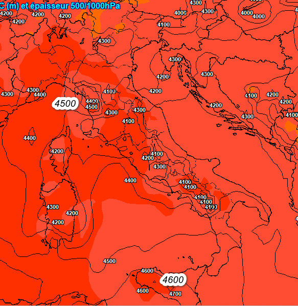 altezza dello ZERO TERMICO atteso in Italia alle ore 17 di domenica 21 giugno