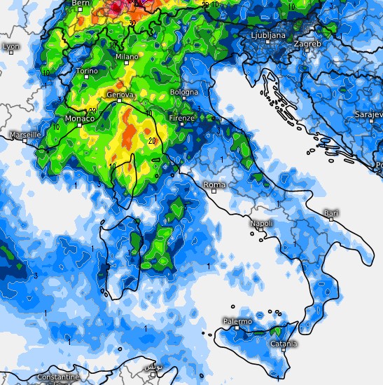 La mappa di ICON su base grafica meteologix, che evidenzia il possibile guasto temporalesco dell'1-2 luglio sull'Italia. 