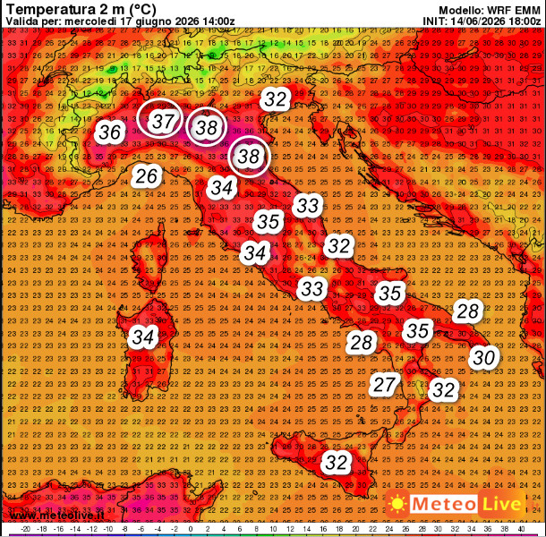 temperature attese al suolo in Italia alle ore 16 di mercoledi 17 giugno