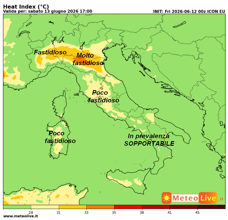 INDICE di DISAGIO da CALDO atteso in Italia alle ore 17 di sabato 13 giugno