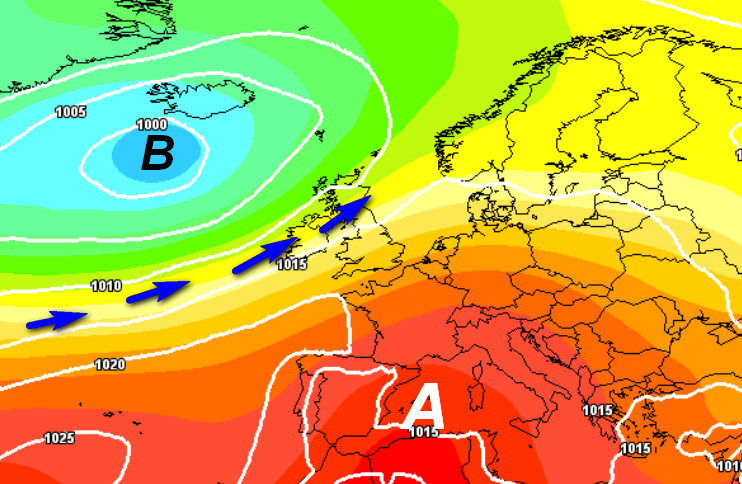 mappa sinottica estrapolata questo pomeriggio dalla media degli scenari del modello GFS, elaborata si base grafica Meteociel e valida per venerdi 12 giugno